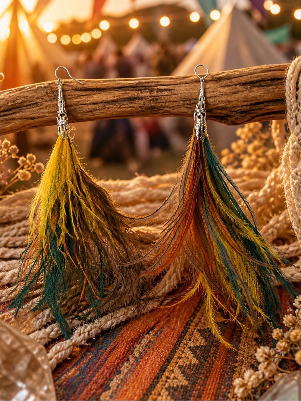 Boho Festival Feather Earrings | Coachella Cowgirl Western Chic Vibes Statement - Picture 2 of 5